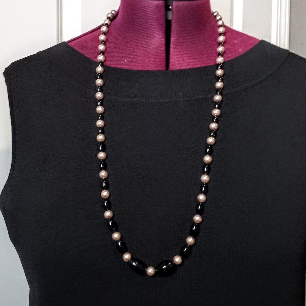 Polished Black Bead & Ivory Faux Pearl Necklace